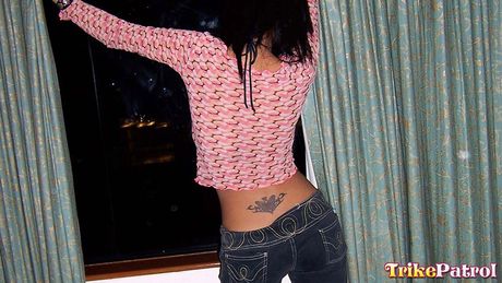 Asian teen Roseanne strips and shows her tiny tits and ass in a solo